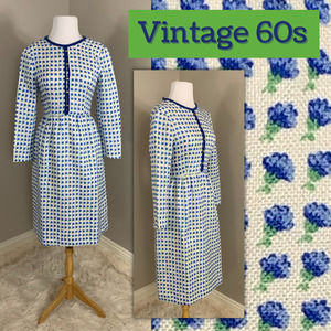 Vintage 50s 60s Sheath Dress Floral Blue Spring MsMaisel JackieO The Crown SZ XS